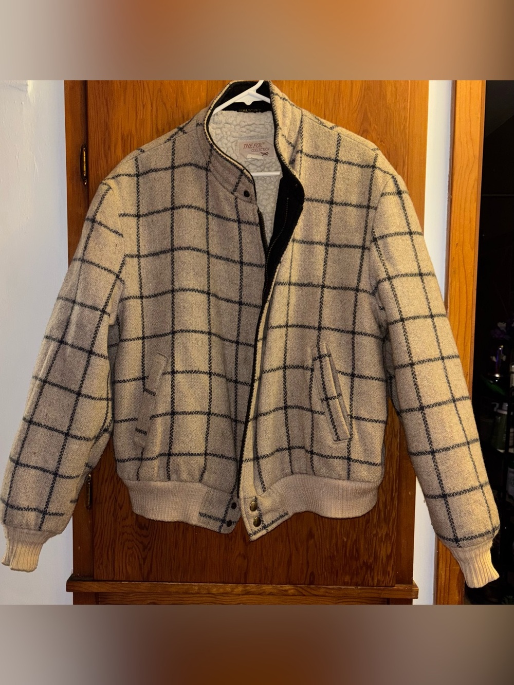 VTG The Fox Collection Plaid Wool Bomber Jacket Sherpa Lined Beige XL